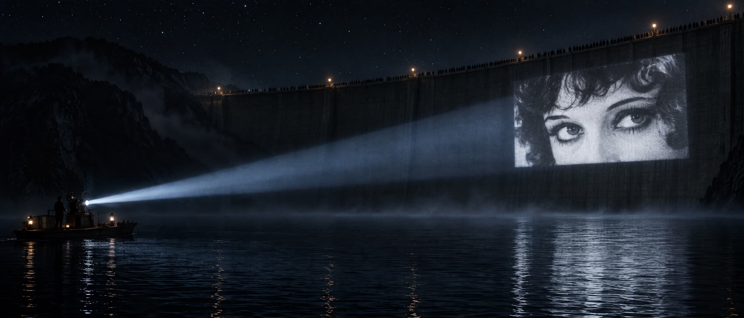 A frame from The Long Throw: across a black reservoir at night, a projector on a small barge throws one long beam of light onto a dam wall, where the eyes of a silent-film actress look out over the water.