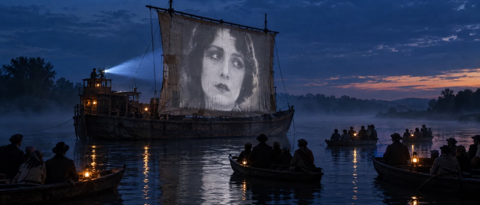 Frame from The Long Throw: a face projected on a barge's mainsail at dusk