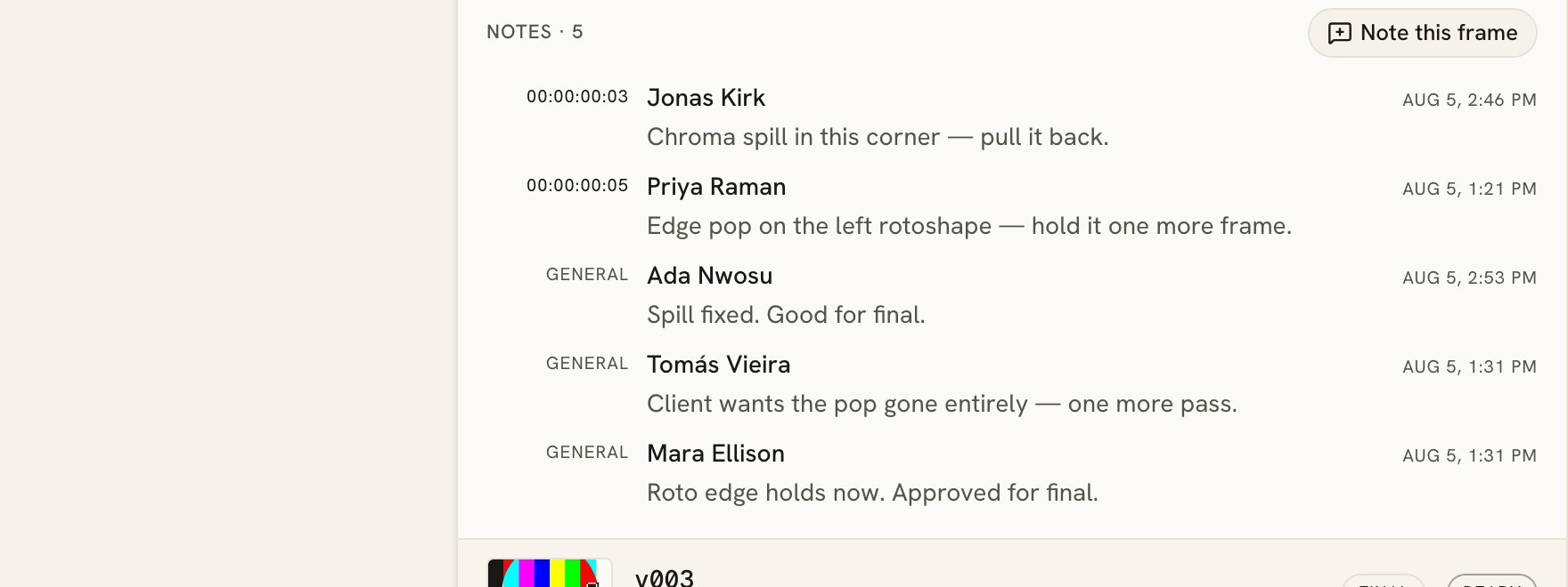 Review notes in Play, each pinned to a timecode, above the version history.