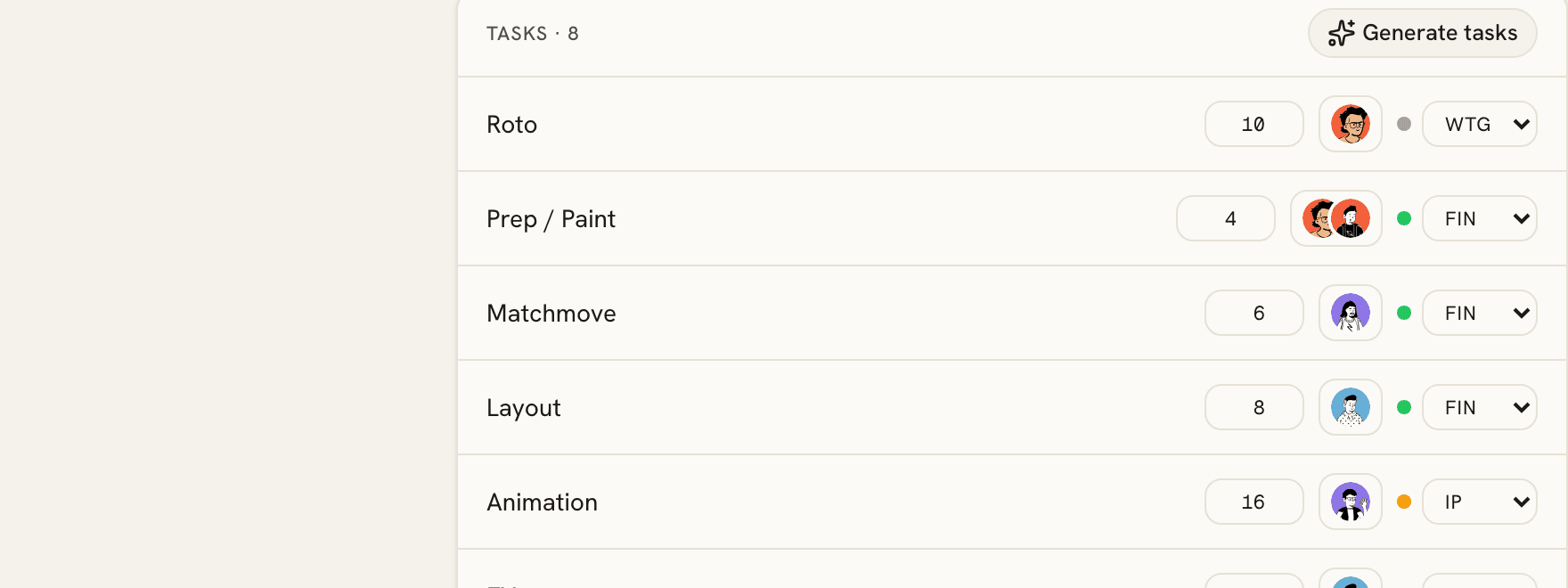 A shot in Play: tasks per pipeline step with bid hours, assignees and status.